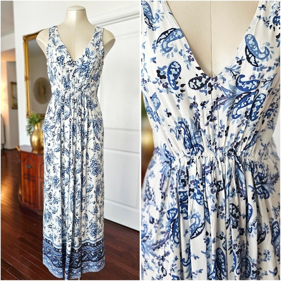 Lucky Brand Blue White Paisley Maxi Dress Boho Coastal Cottagecore S